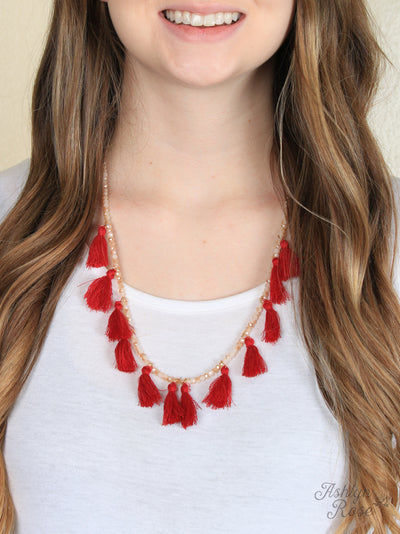 Tassel Drama Necklace, Burgundy