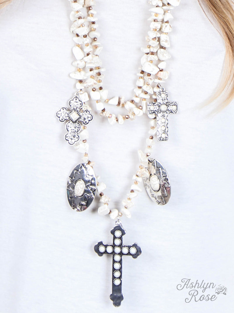 Tri-Strand White Beaded Necklace with Silver & Copper Crosses