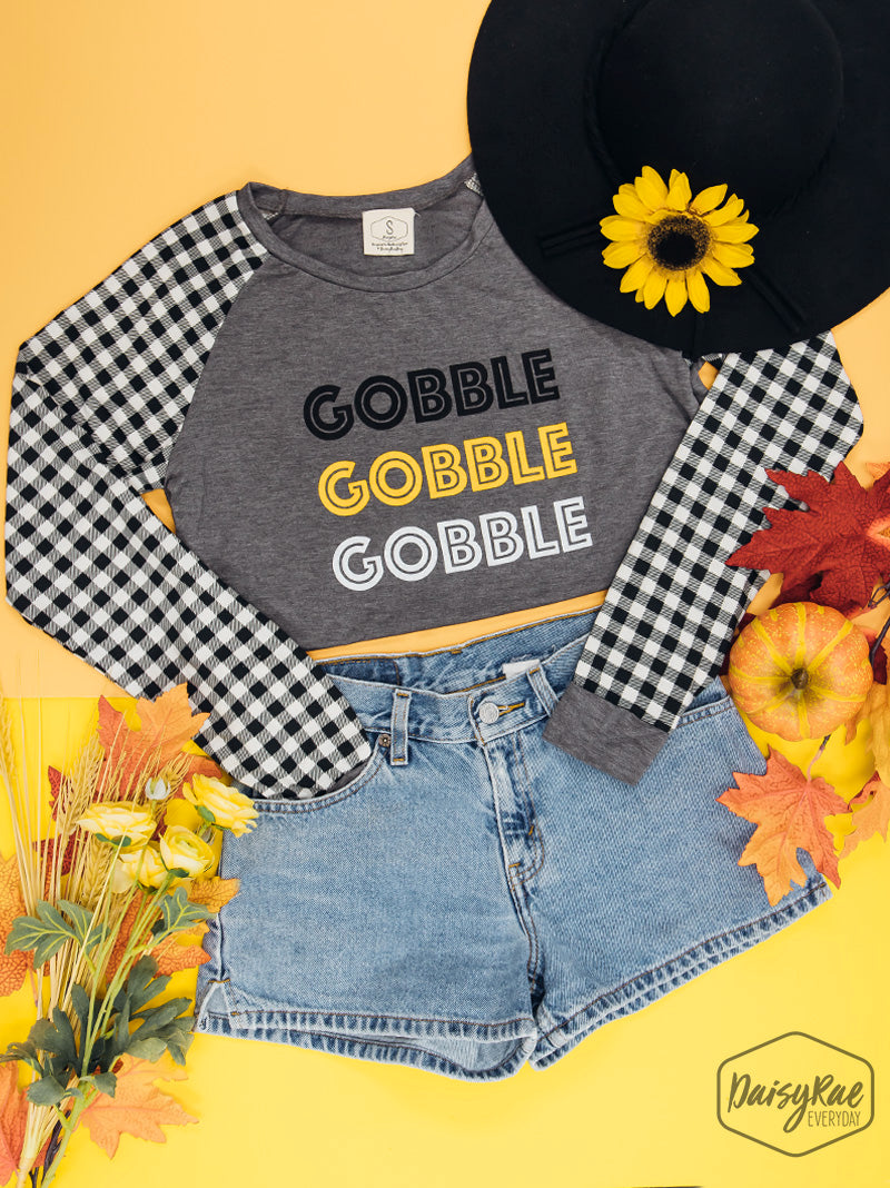 Gobble Gobble Gobble on Grey Longsleeve Tee with White Gingham Sleeves