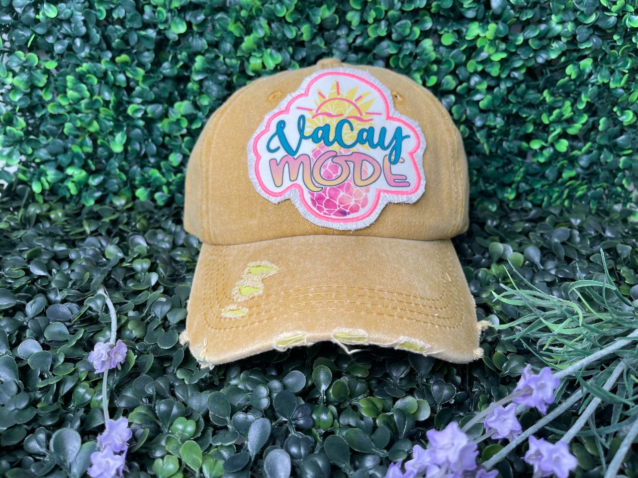 Vacay Mode Patch on Mustard Hat