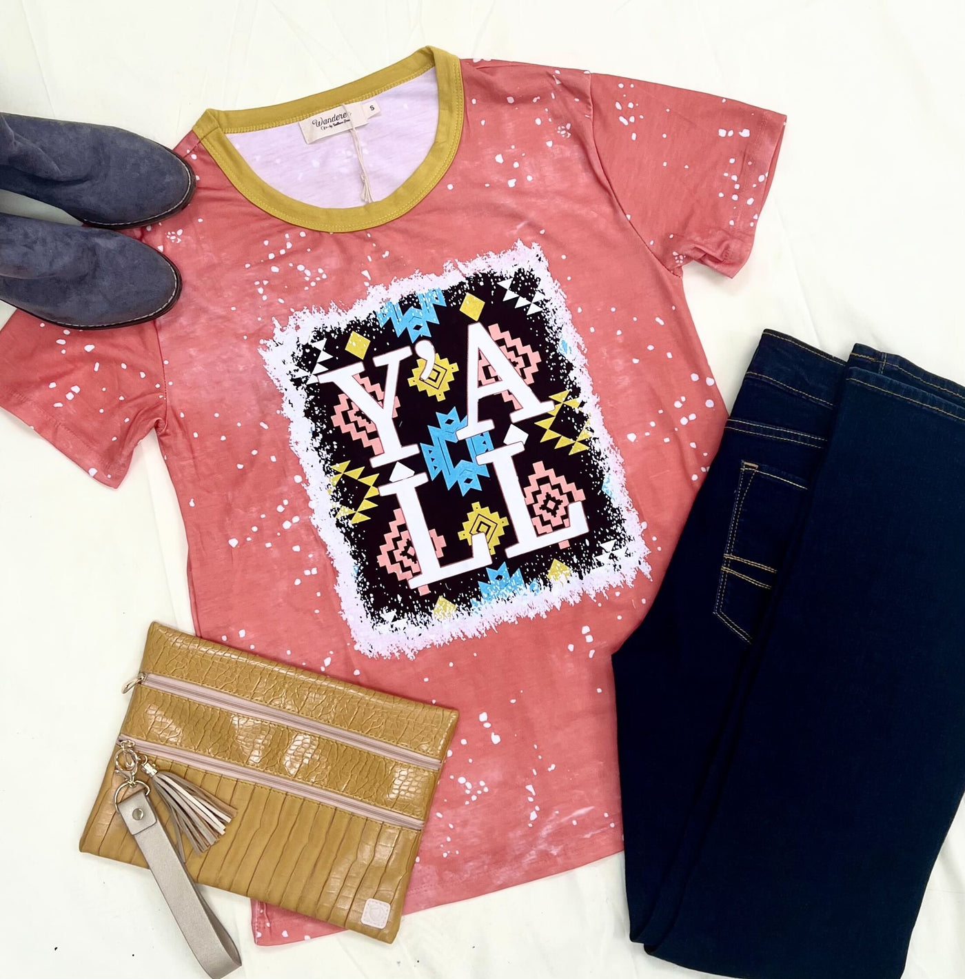 Aztec Y'all on Pink Splatter Ringer Tee