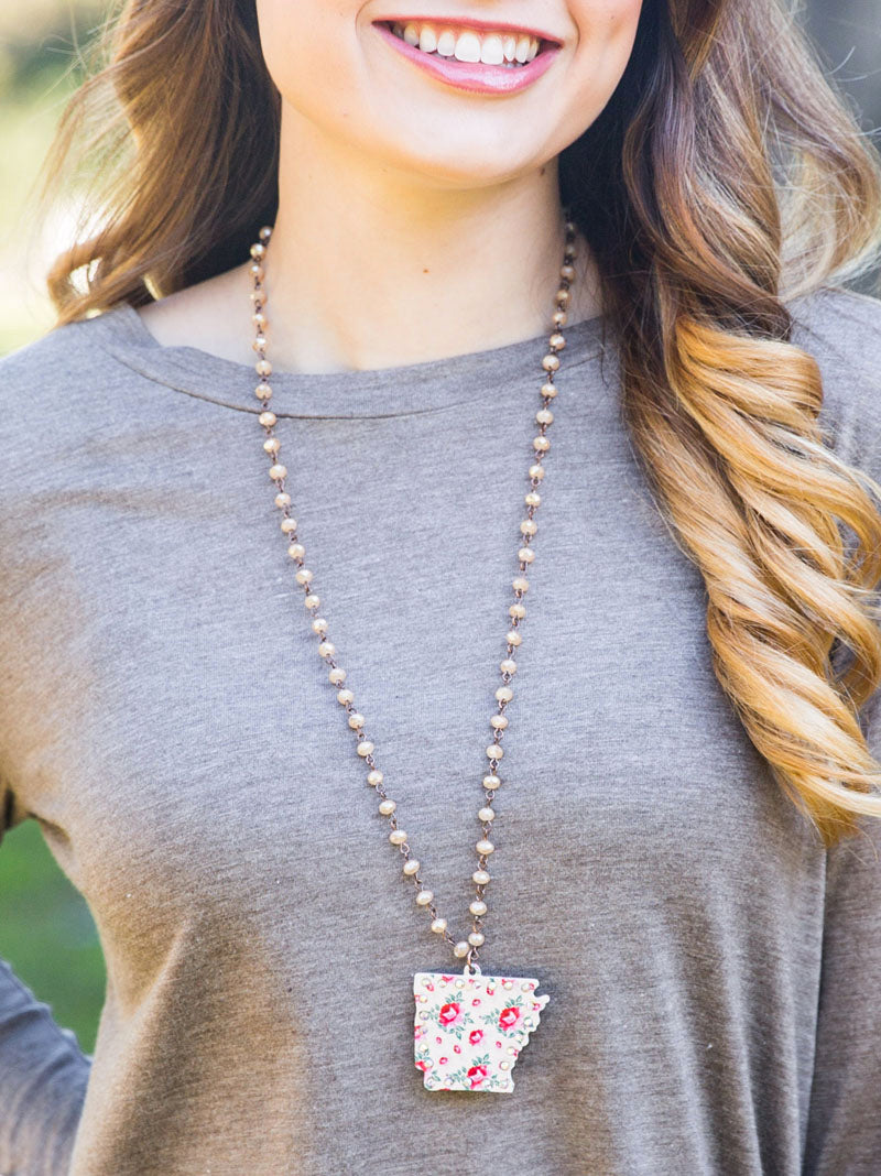 Beige Floral Arkansas Necklace with AB Crystals