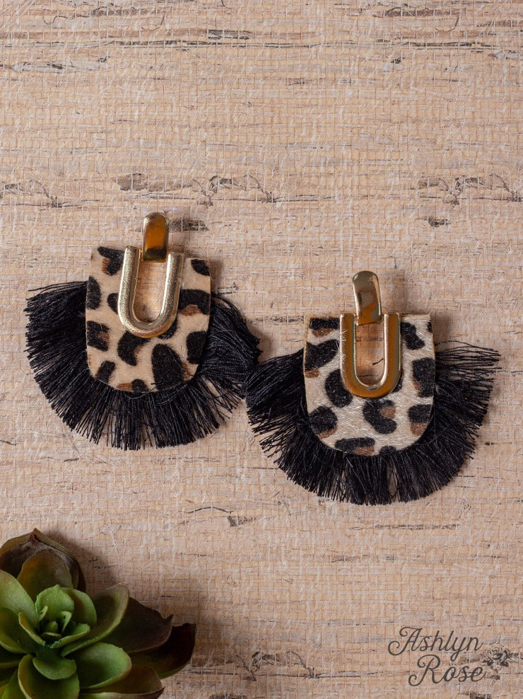 SHE'S FABULOUS BLACK FRINGE STUD LEOPARD EARRINGS