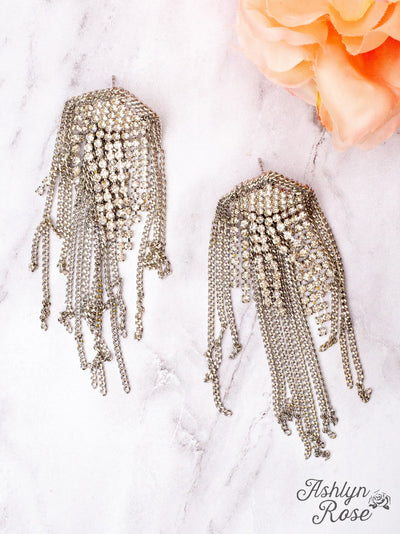 SHINE ALL NIGHT SILVER CRYSTAL CHAIN FRINGE EARRINGS