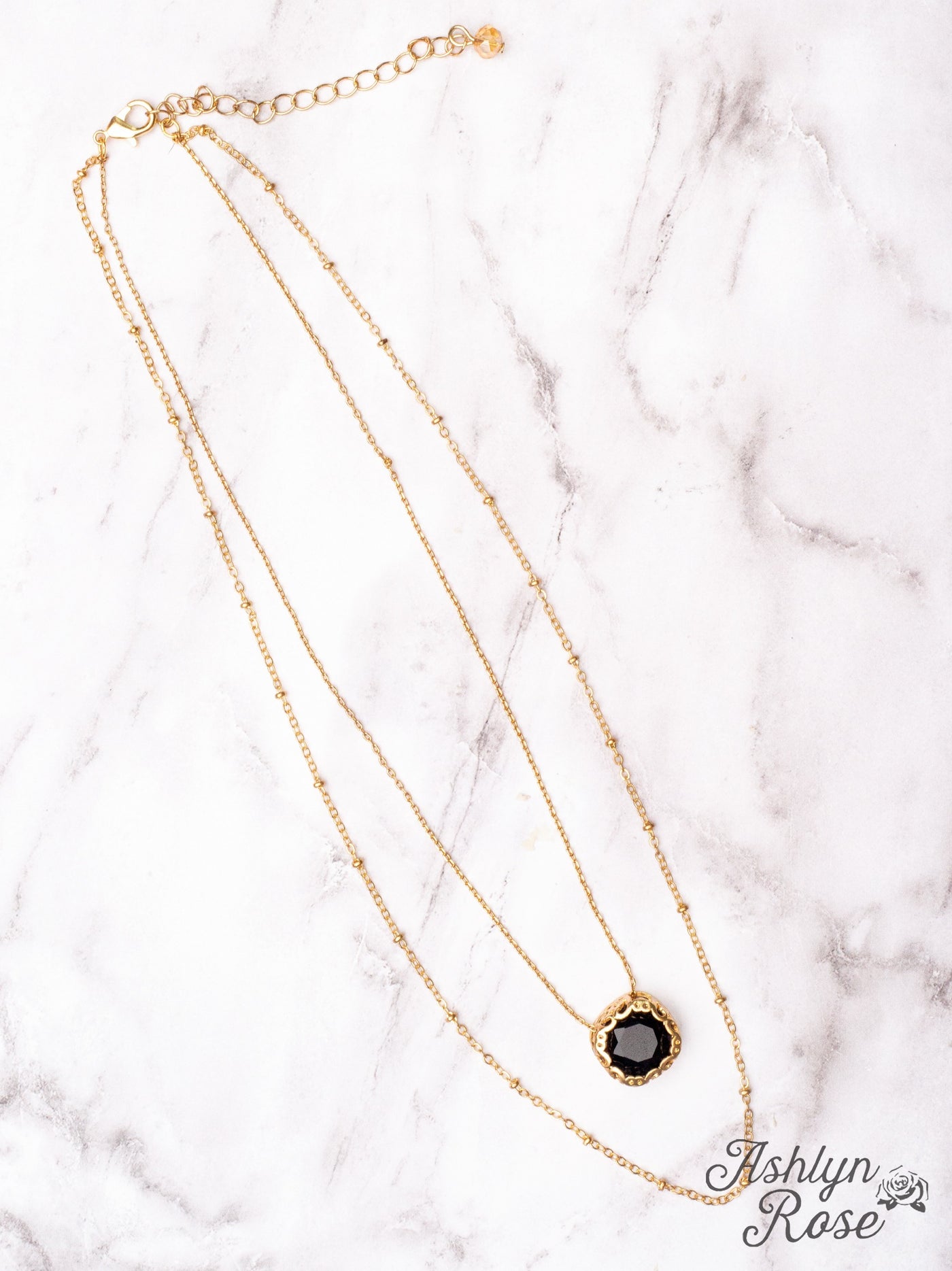 Gala Evening Black Crystal Pendant Gold Layered Necklace