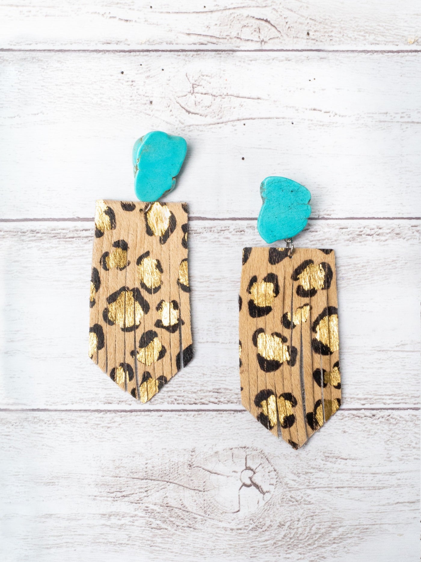 LET'S GO GIRLS TURQUOISE SLAB STUD WITH GOLD FOIL LEOPARD FRINGE EARRINGS