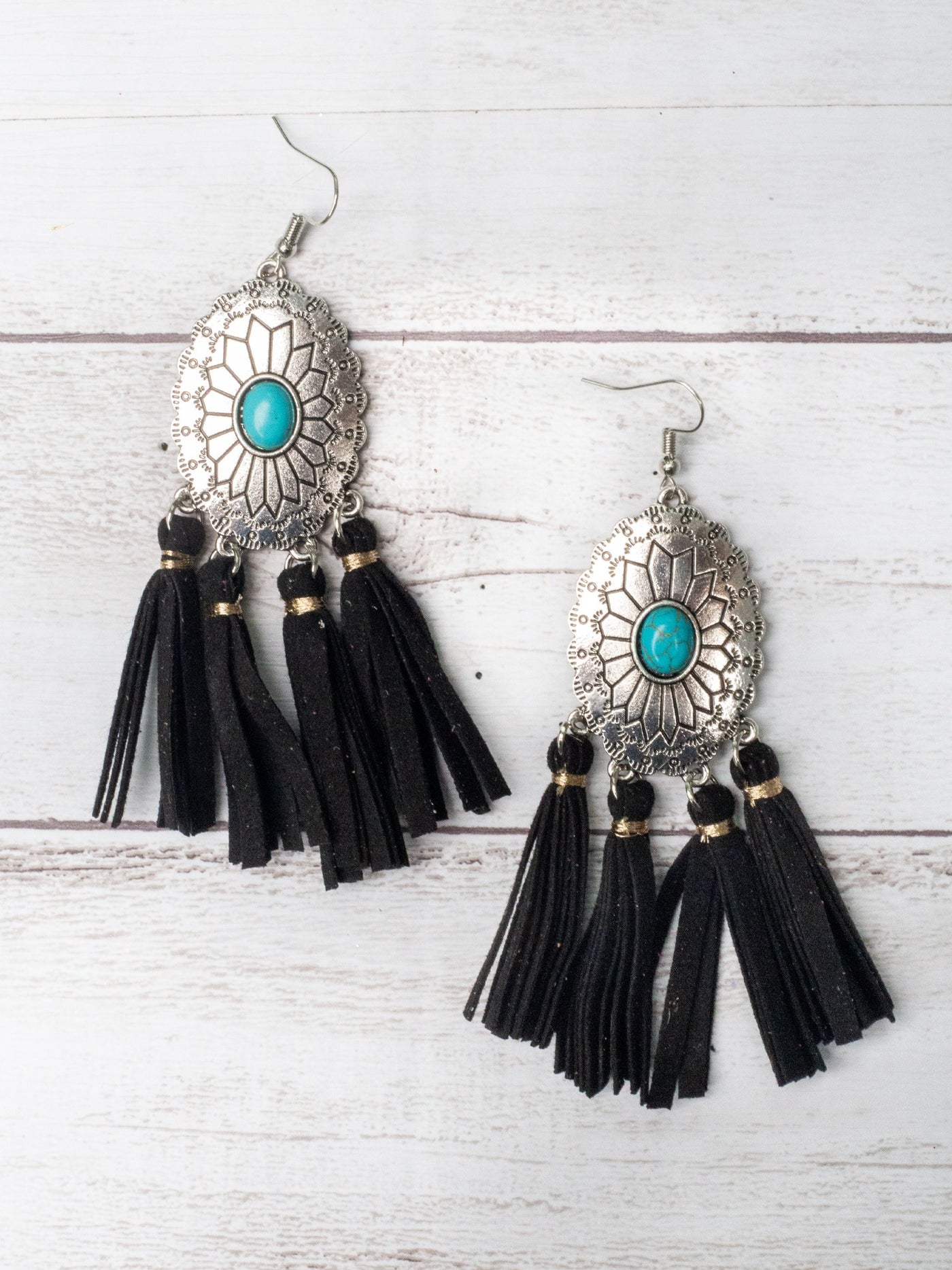 KICK ROCKS COWBOY TURQUOISE CONCHO WITH BLACK TASSELS DANGLE EARRINGS