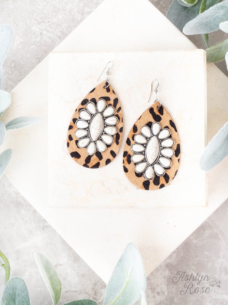 Set In Stone Leopard Drop Earrings, White Stone