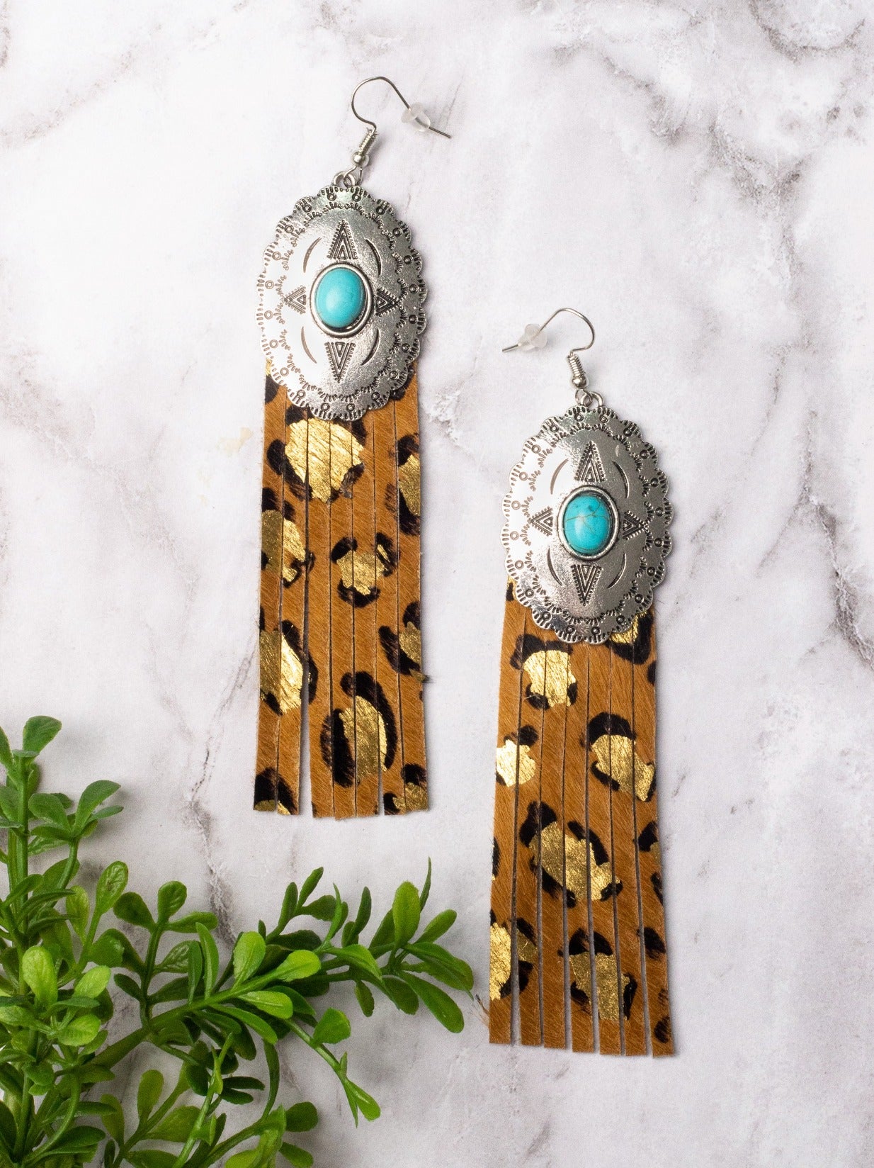 REBEL LIKE REBA TURQUOISE CONCHO WITH LEOPARD FRINGE EARRINGS