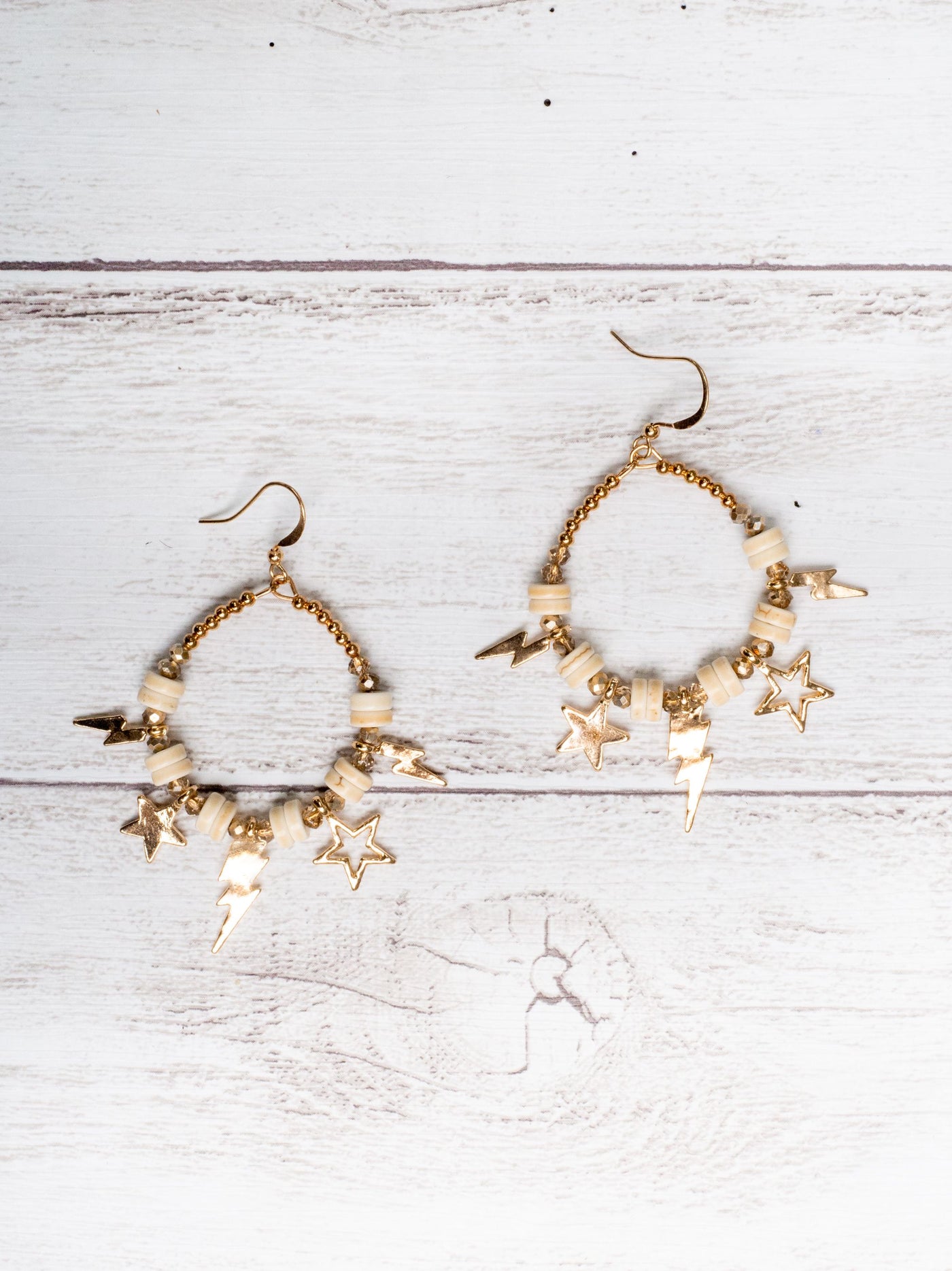 Shoot For The Stars Thunderbolt And Star Cream Beaded Hoop Earrings