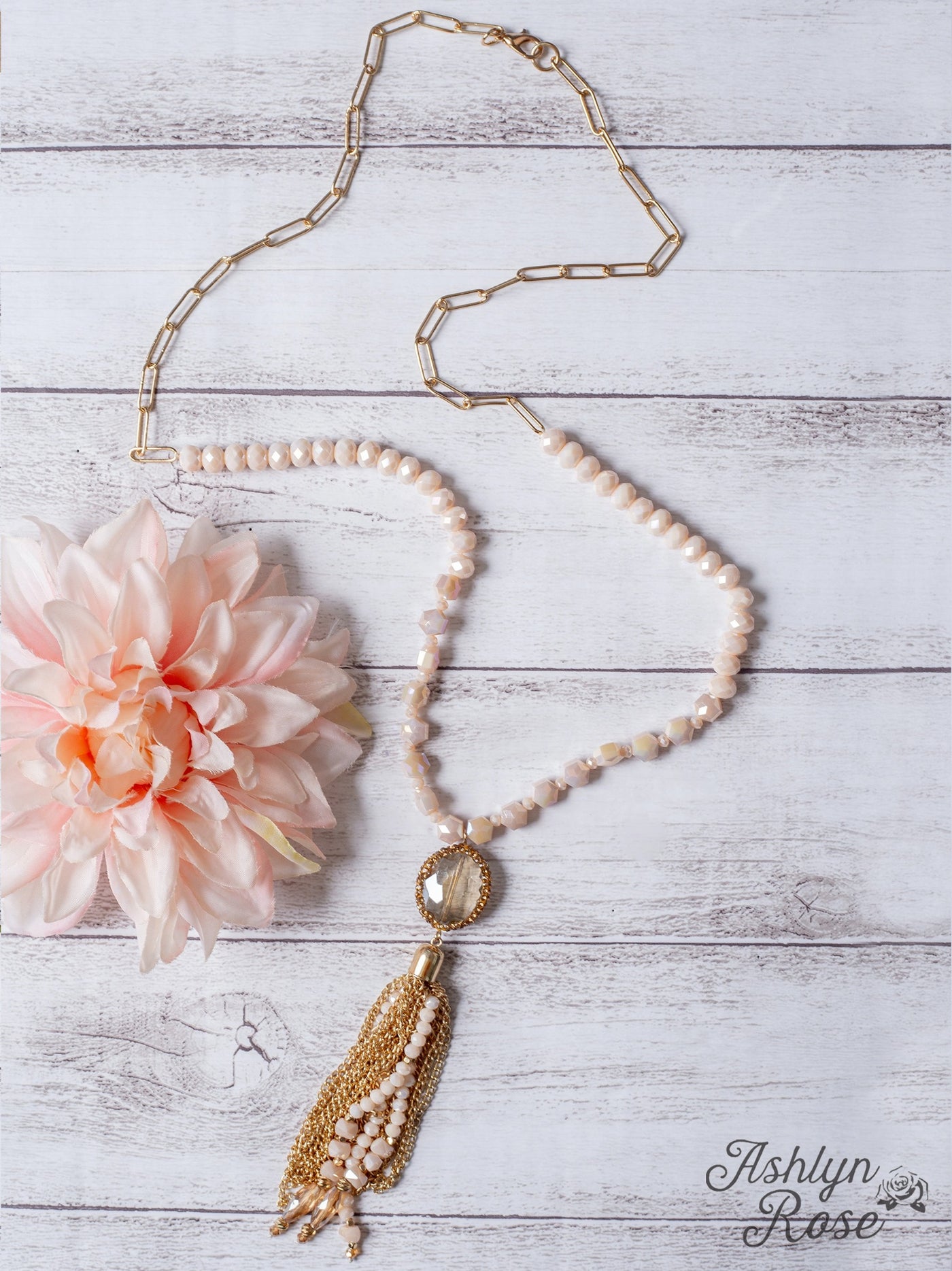 Rosé All Day Clear Crystal Tassel Pendant On A Gold Linked Chain Beaded Necklace