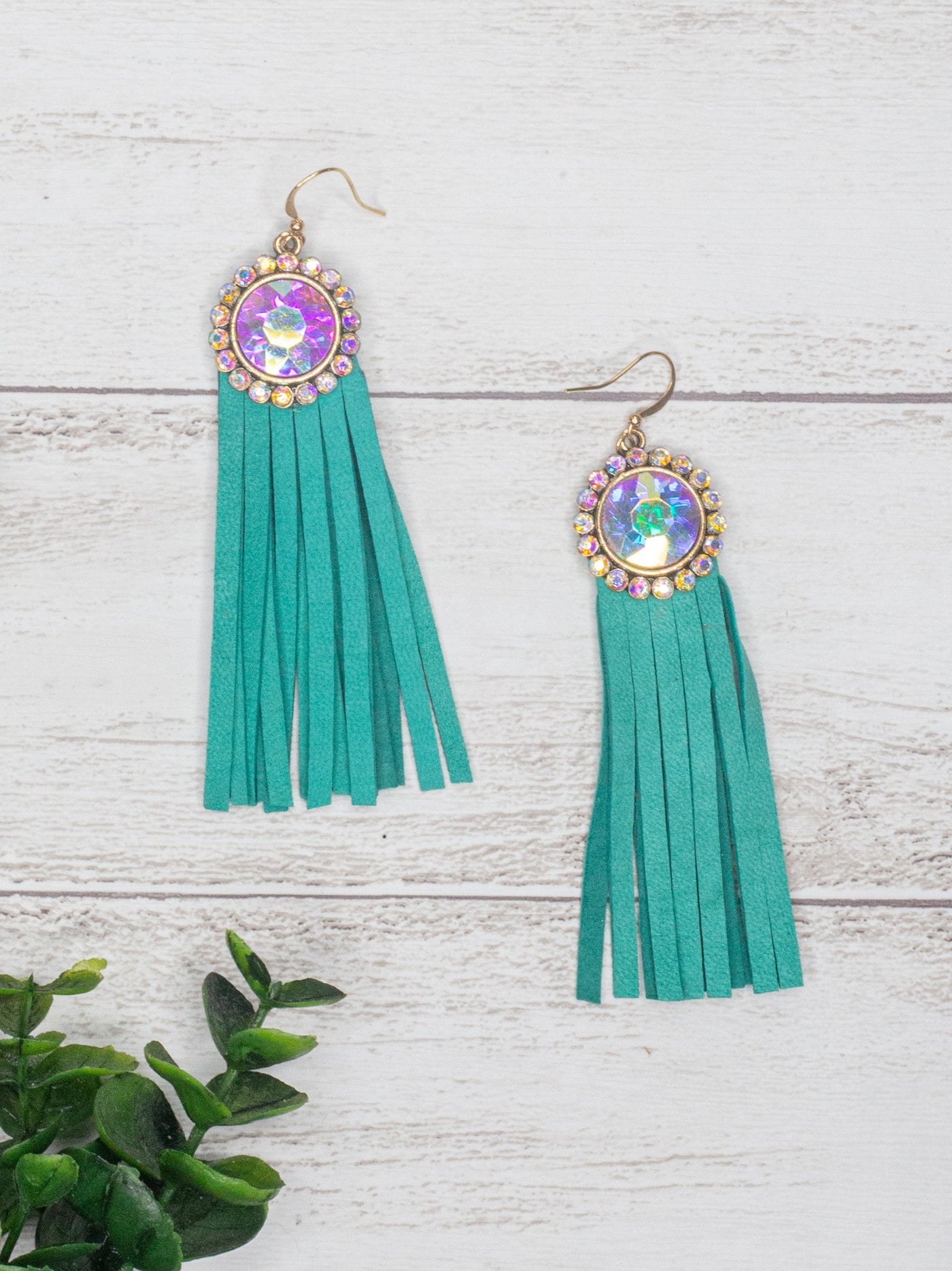 Texas Chica Floral Iridescent Crystal Turquoise Fringe Earrings