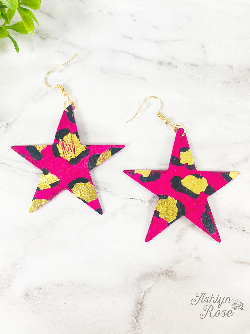 Shine bright, fuchsia star cowhide earring