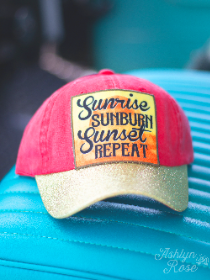 Sunrise Sunburn Sunset Repeat Patch on Red Hat with Gold Glitter Bill