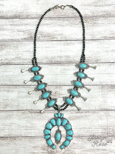 Yes Ma'am Turquoise Stone Squash Blossom Necklace