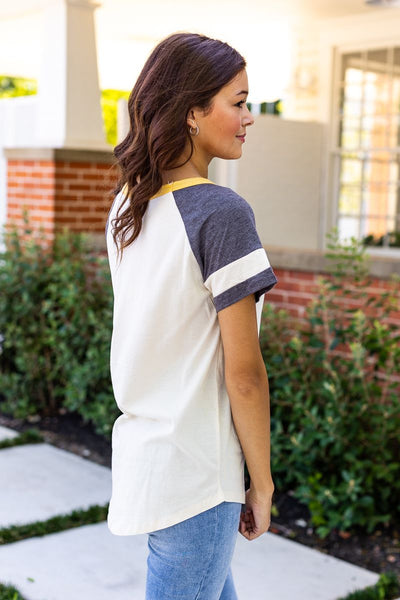 Beige Short Sleeve with Varsity Stripes & Keyhole Neck