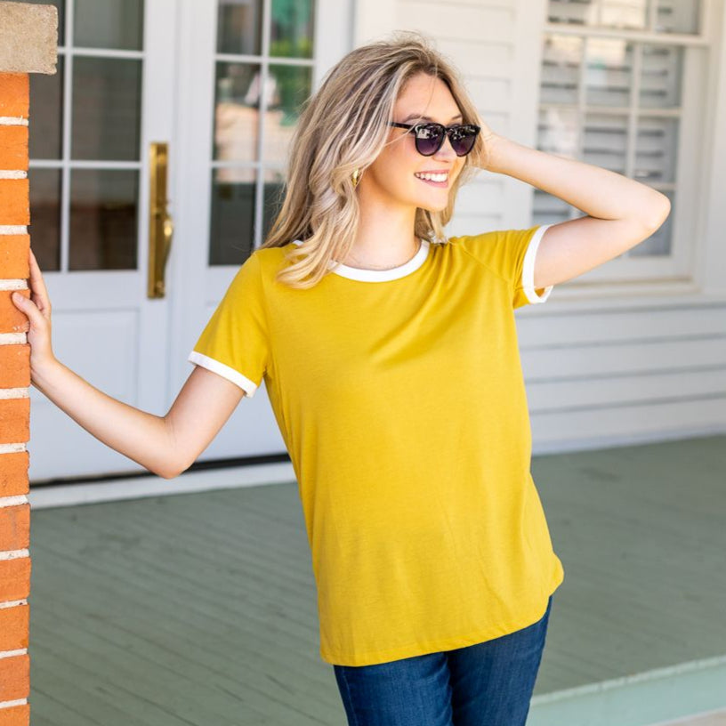 Trim It Down Short Sleeves Ringer T-Shirt, White And Mustard