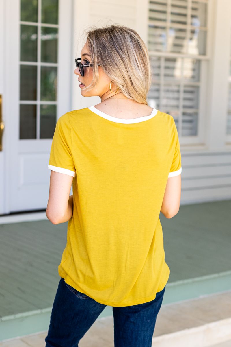 Trim It Down Short Sleeves Ringer T-Shirt, White And Mustard