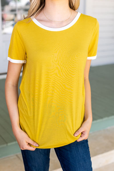 Trim It Down Short Sleeves Ringer T-Shirt, White And Mustard