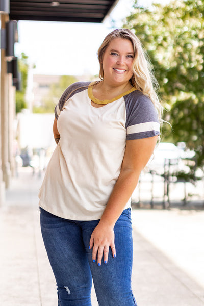 Beige Short Sleeve with Varsity Stripes & Keyhole Neck