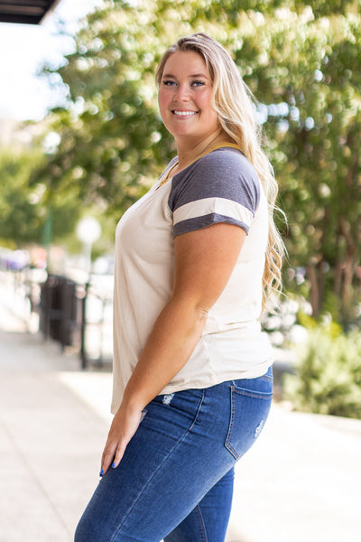 Beige Short Sleeve with Varsity Stripes & Keyhole Neck