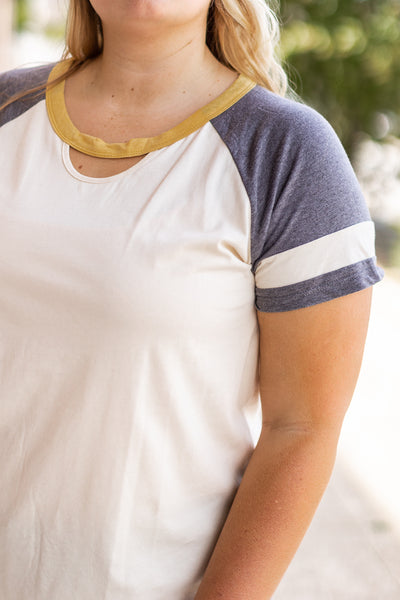 Beige Short Sleeve with Varsity Stripes & Keyhole Neck