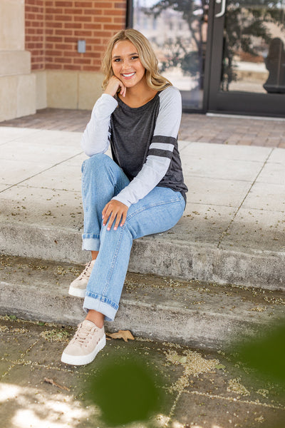 Charcoal Longsleeve Tee with Grey Sleeves & Varsity Stripe