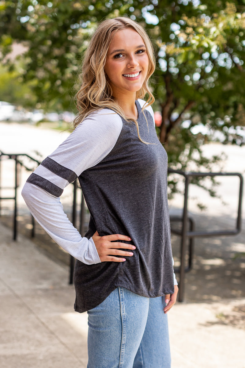 Charcoal Longsleeve Tee with Grey Sleeves & Varsity Stripe