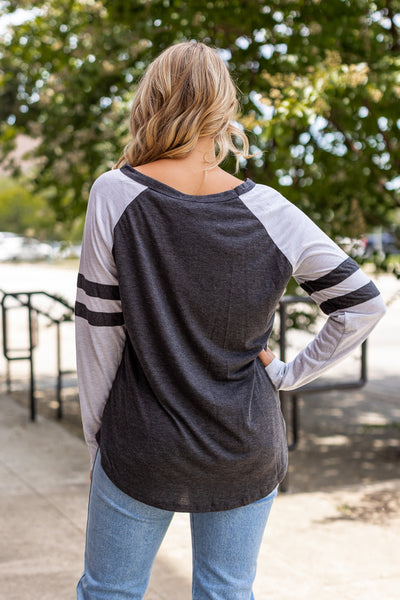 Charcoal Longsleeve Tee with Grey Sleeves & Varsity Stripe