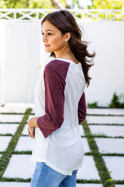 White 3/4 Tee with Maroon Sleeves