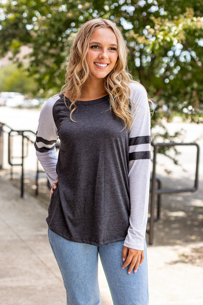 Charcoal Longsleeve Tee with Grey Sleeves & Varsity Stripe