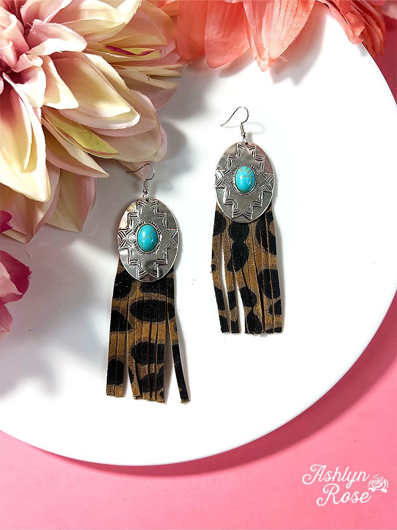 REBEL LIKE REBA TURQUOISE CONCHO WITH VINTAGE LEOPARD FRINGE EARRINGS