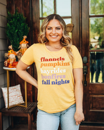 Flannels Pumpkins Hayrides Bonfires Fall nights  on Mustard Crewneck Tee