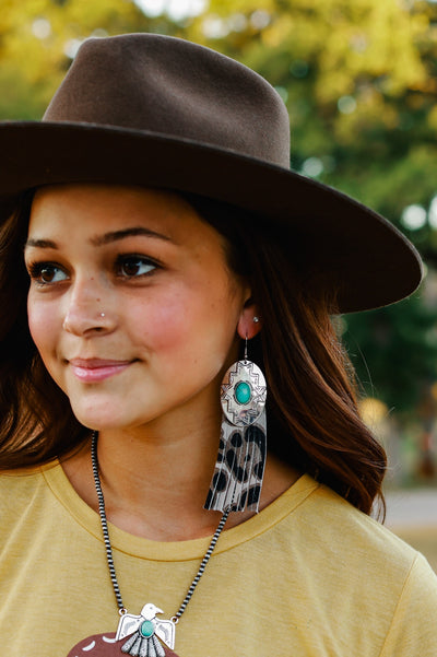 REBEL LIKE REBA TURQUOISE CONCHO WITH GREY LEOPARD FRINGE EARRINGS