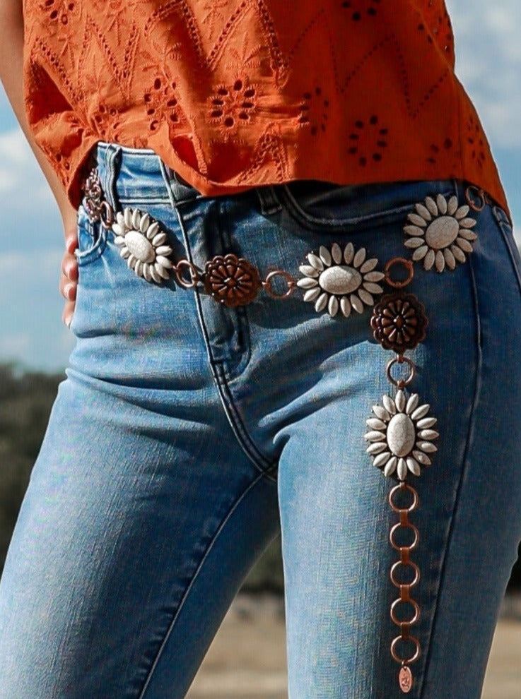 Forever Chasing Cowboys Copper Cream Floral Concho Link Belt