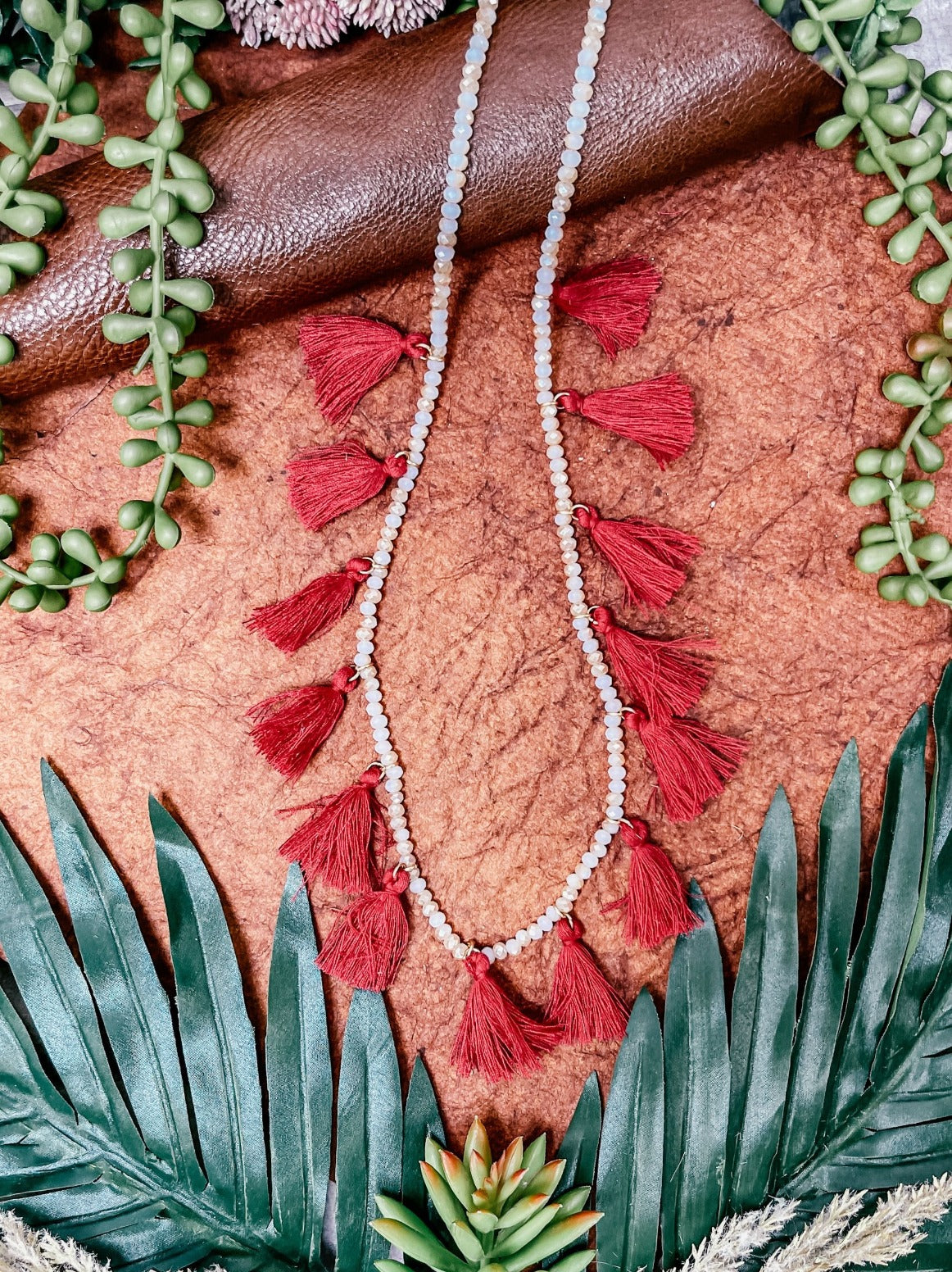 Tassel Drama Necklace, Burgundy