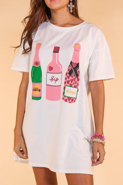 Bubbles,Sip,Rose on White Tee Dress