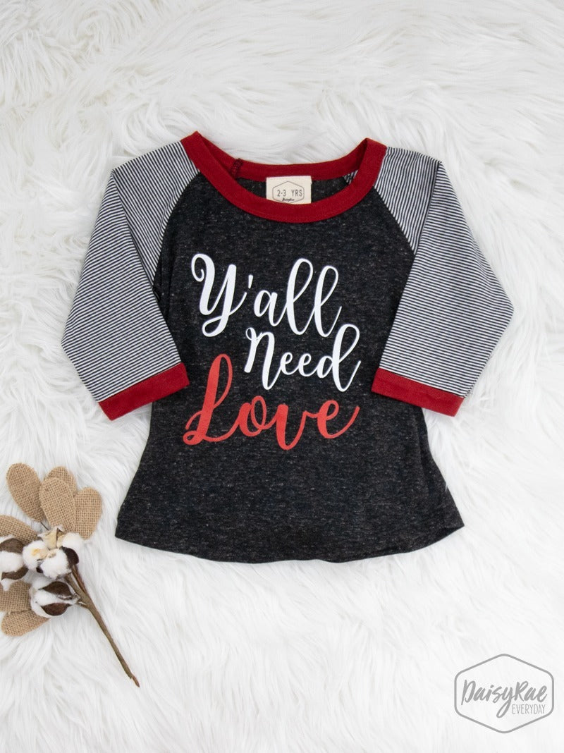 Girls' Y'all Need Love on Charcoal Raglan with Grey & Black Striped Sleeve and Red Ringer