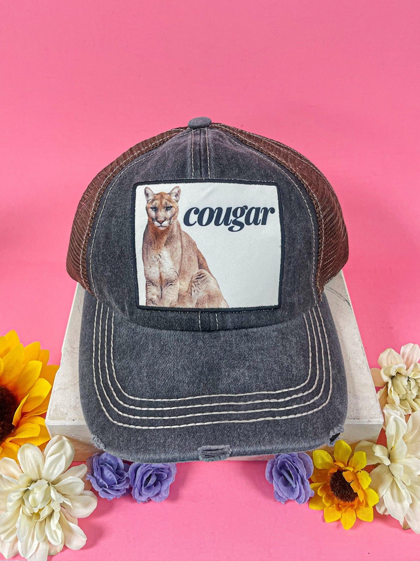Cougar Patch on Black Distressed Hat with Brown Mesh