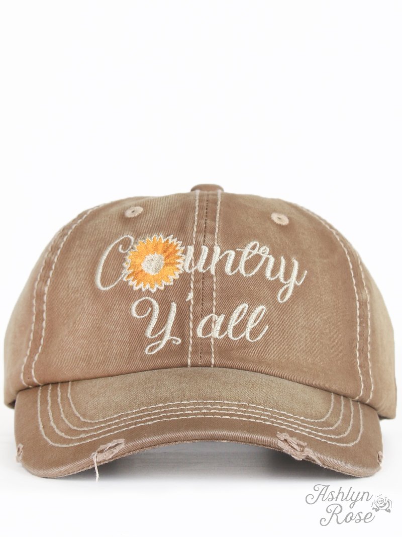 Country Y'all with Cream Embroidery on Distressed Brown Hat