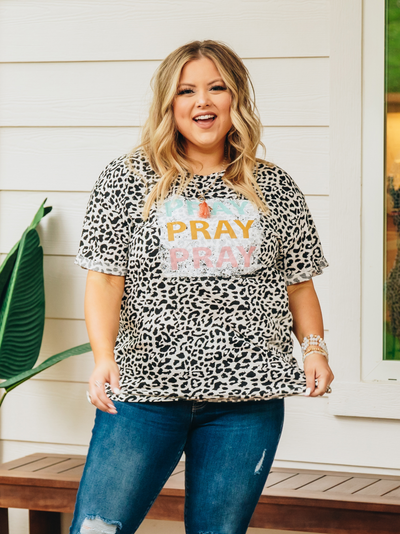 Pray Pray Pray on Black and White Cheetah Cuff Tee