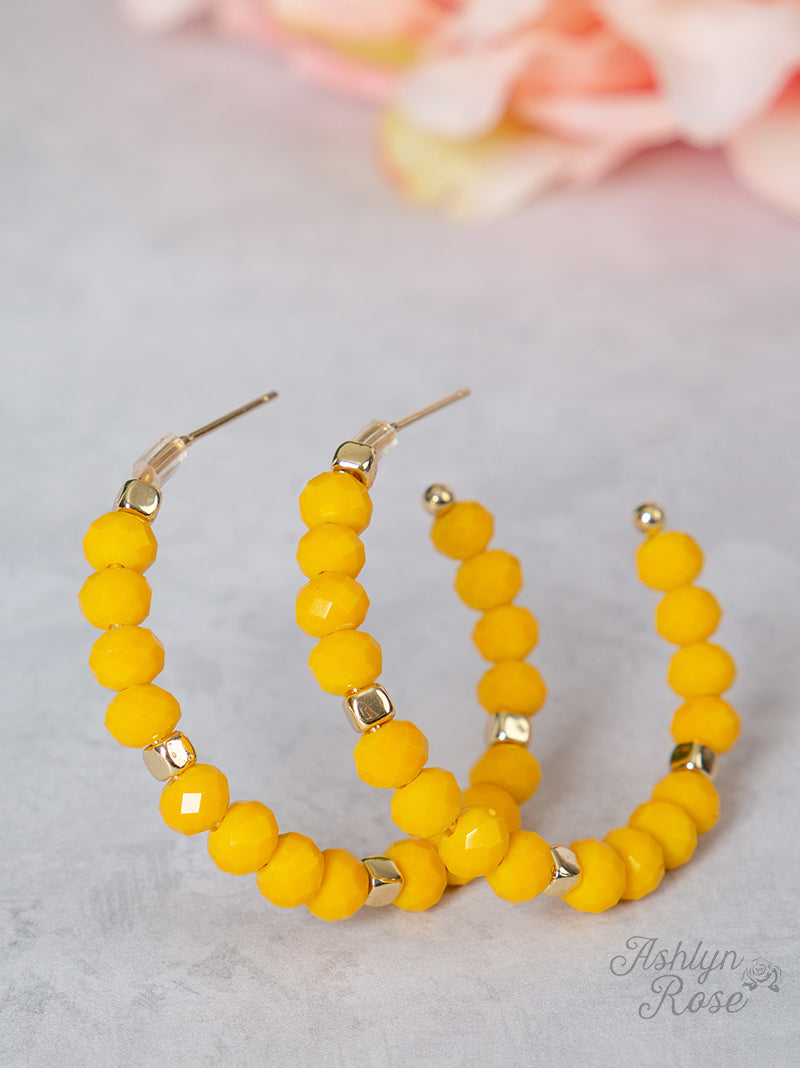 Iridescent Beaded Hoop Earrings, Mustard