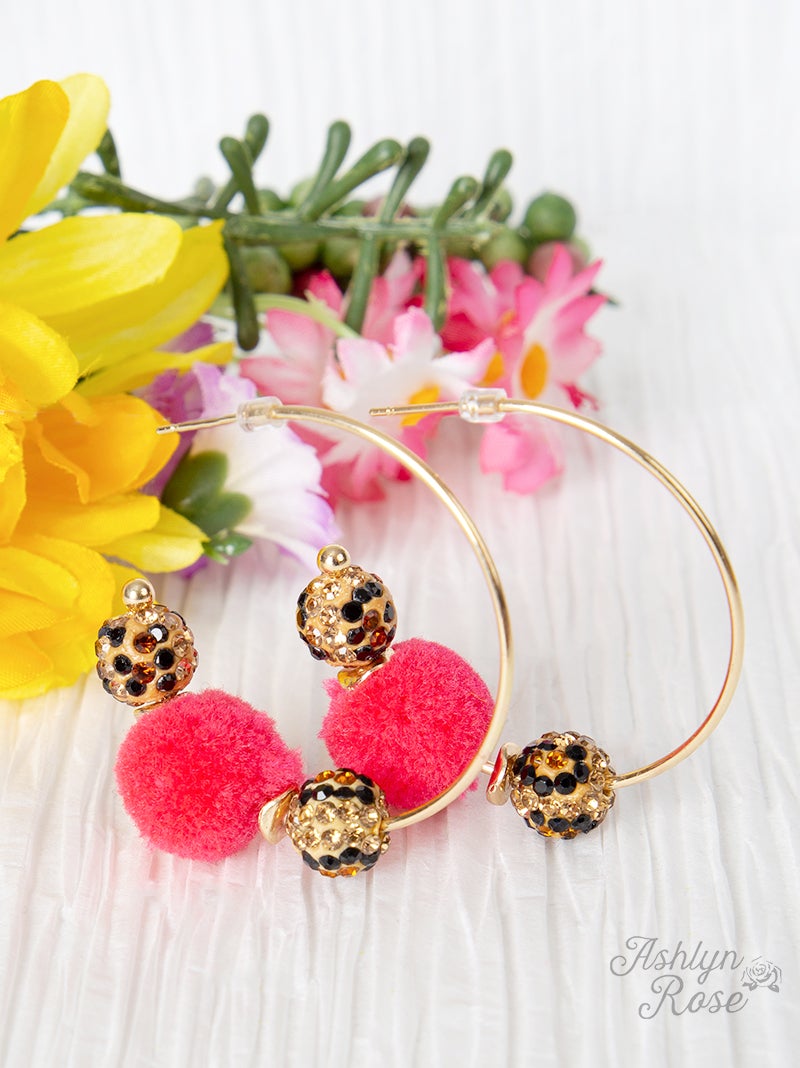 Fuzzy Leopard Hoop Earrings, Hot Pink