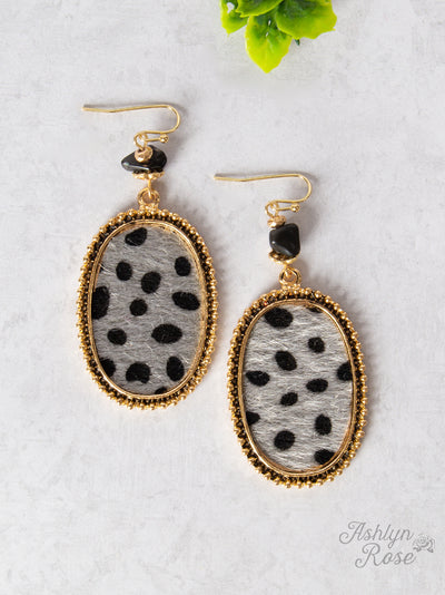 Furry with Stone Oval Earrings, Grey Dalmatian