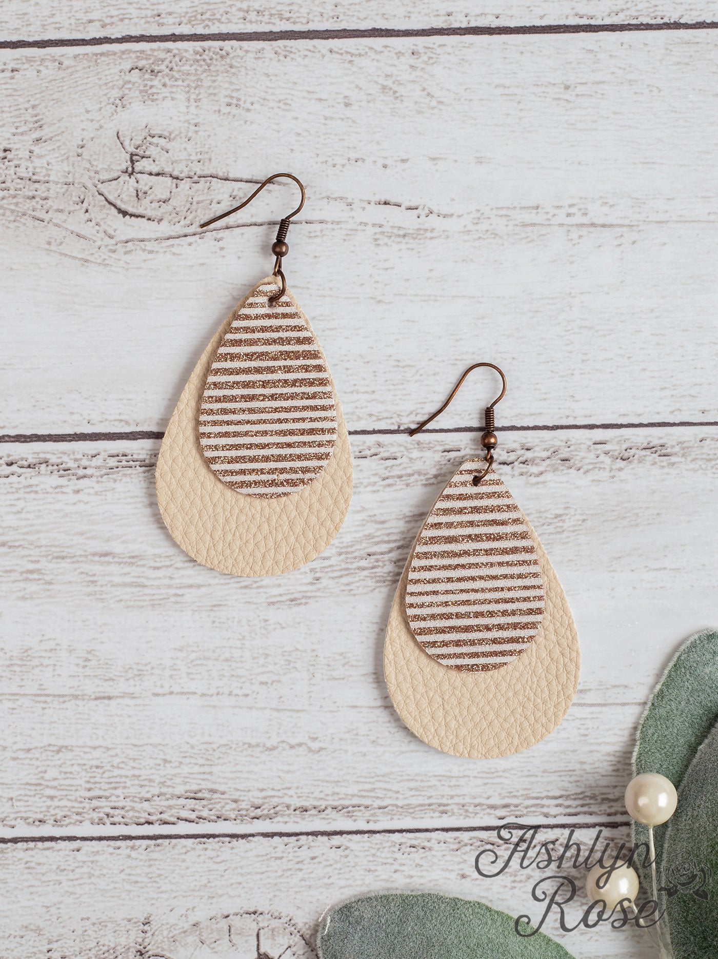 Glitter Stripe Double Teardrop Earring On Cream,  Cream