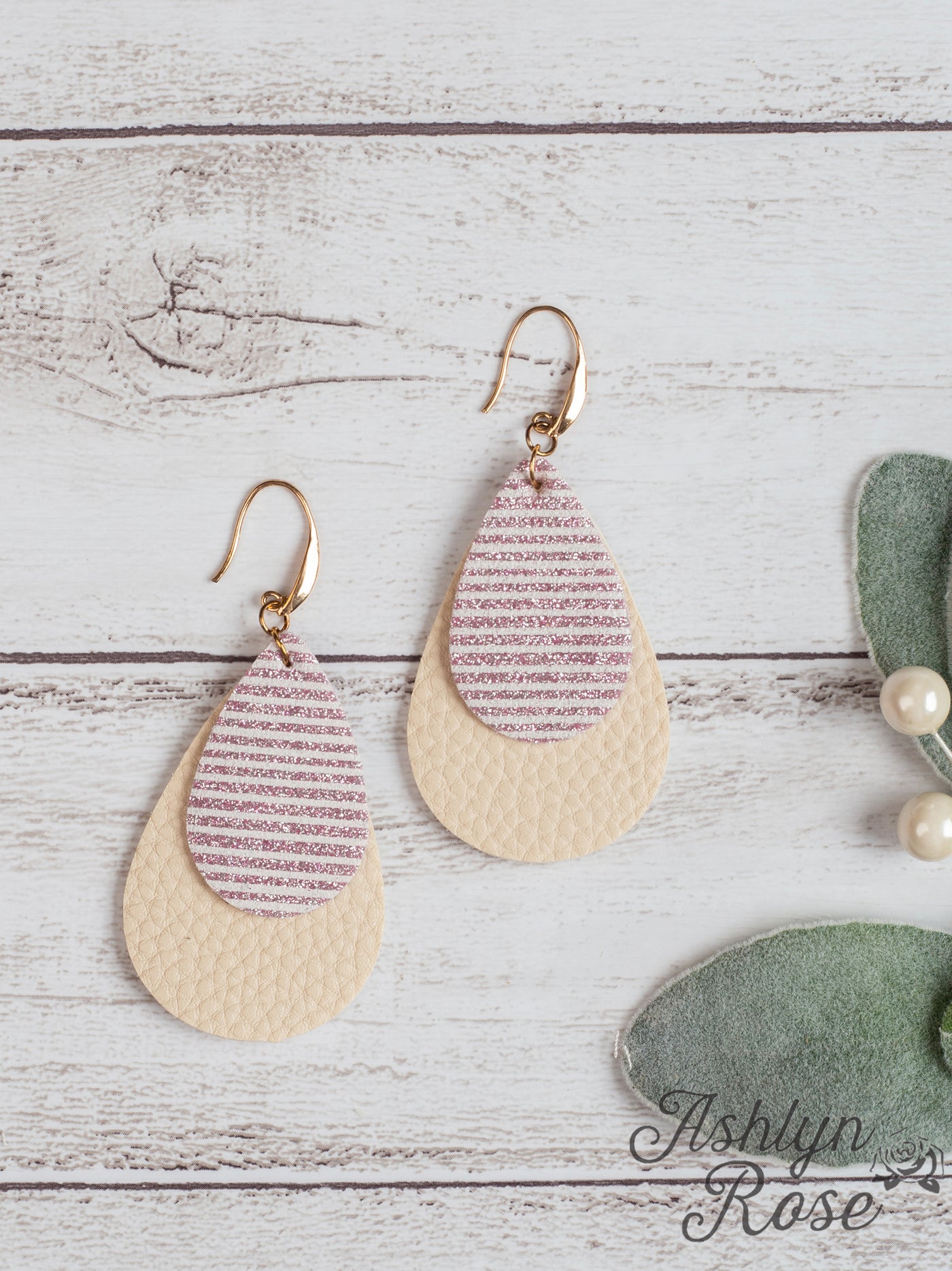 Glitter Stripe Double Teardrop Earring On Cream,  Pink