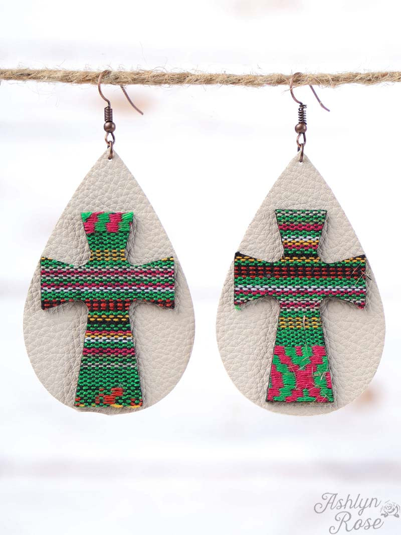 Serape Cross Leather Teardrop Earrings, Green