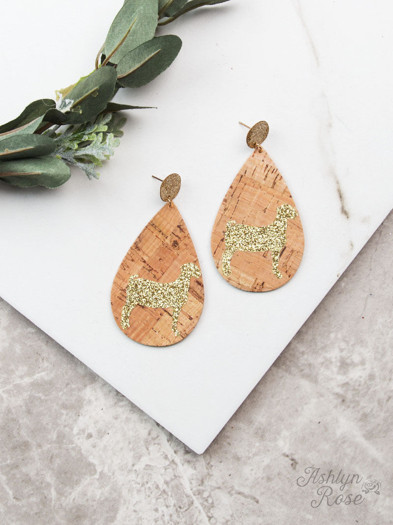 Teardrop Earrings with Gold Glitter Goat, Circle Stud Cork