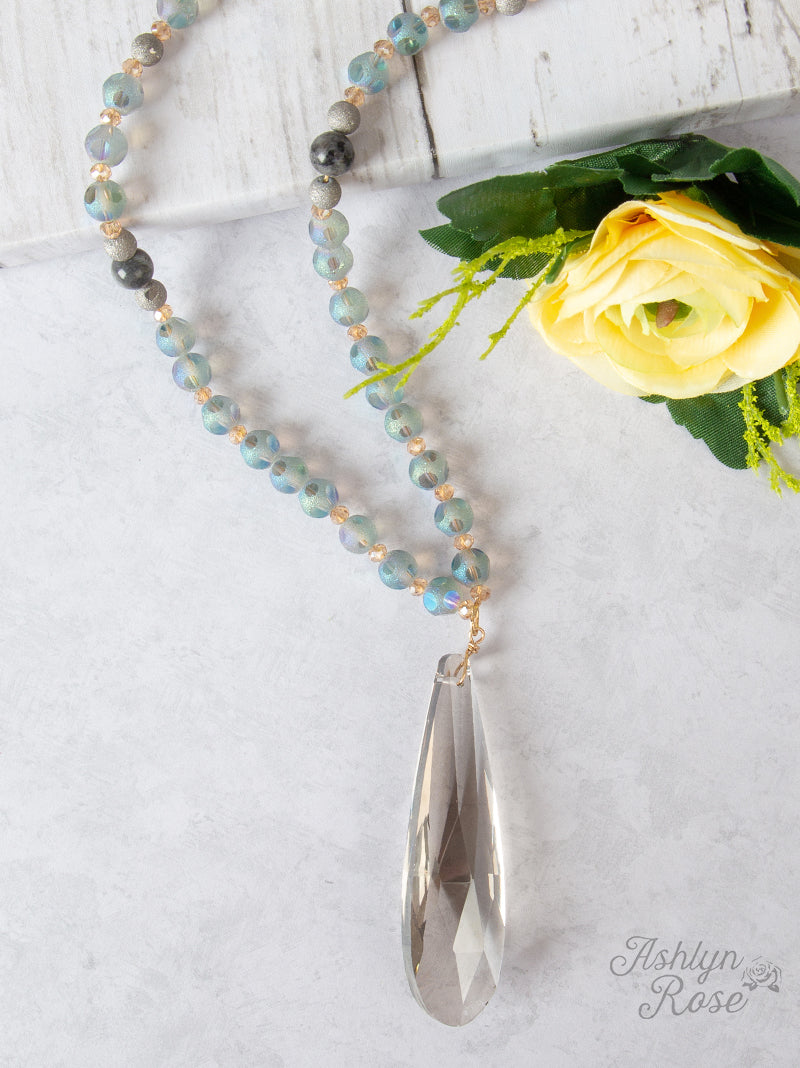 Independent Grey Beaded Necklace with Teardrop Jewel