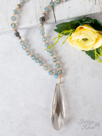 Independent Grey Beaded Necklace with Teardrop Jewel
